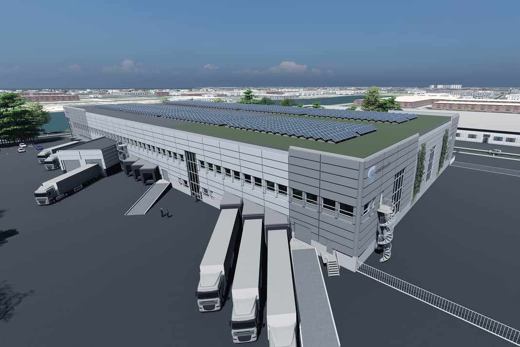 Visionsbild av fastigheten med solceller på taket.