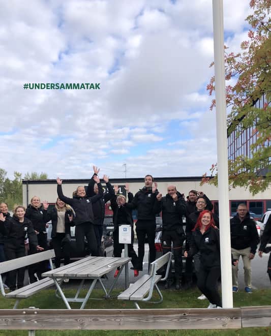 Grupp av människor som hoppar vid flaggstång.