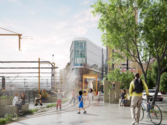 Visionsbild med staty och lekande barn