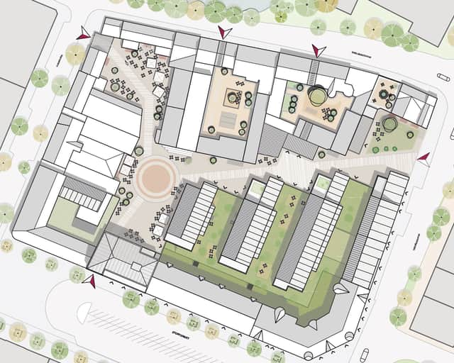 Skissbild av gata med fastigheter.