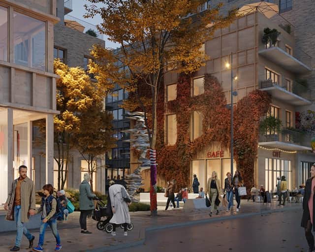 Visionsbild över Slakthusområdet på kvällstid