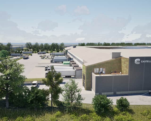 Visionsbild av fastigheten med solceller på taket.