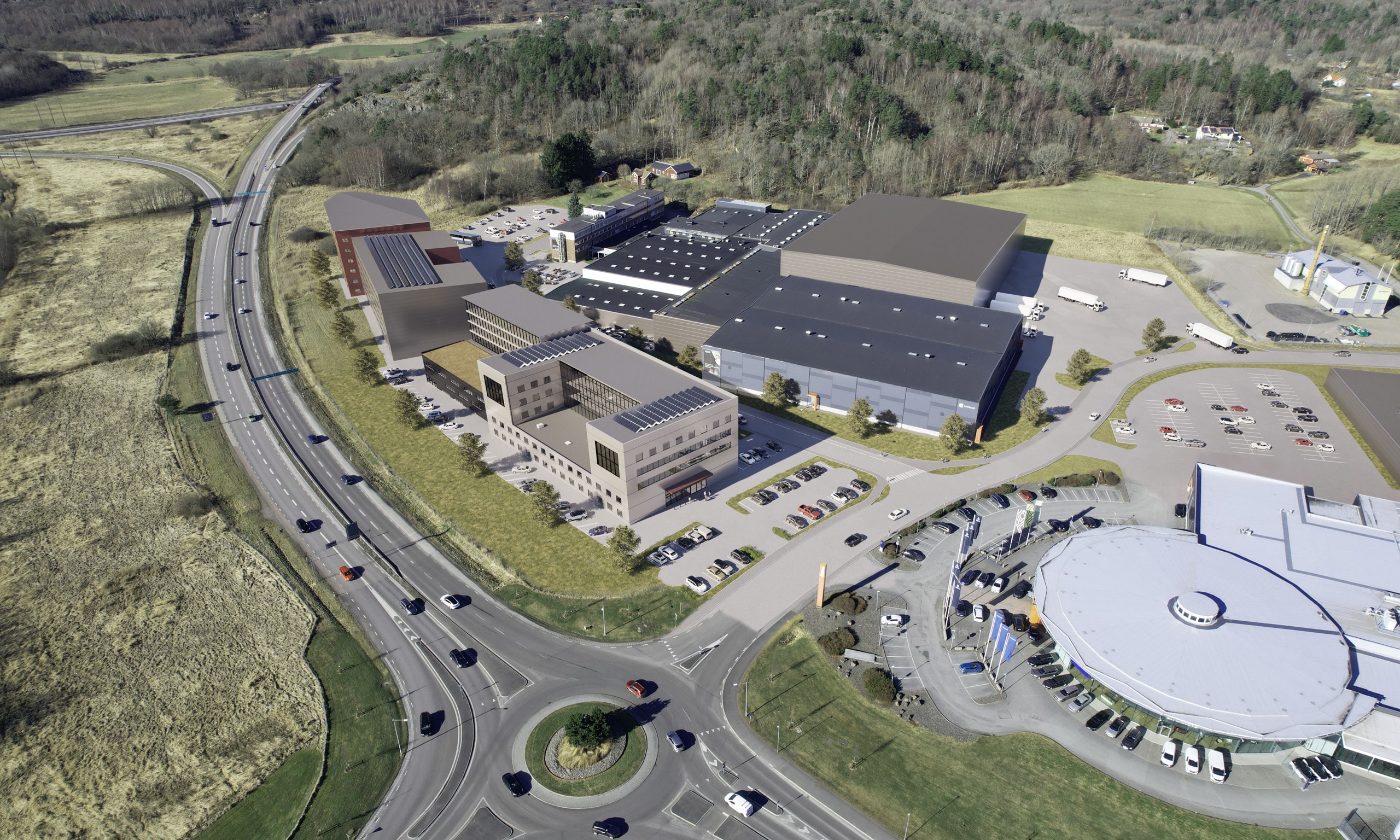 Översiktsbild och visualisering av verksamhetsområdet Kungsbacka Norra Entré