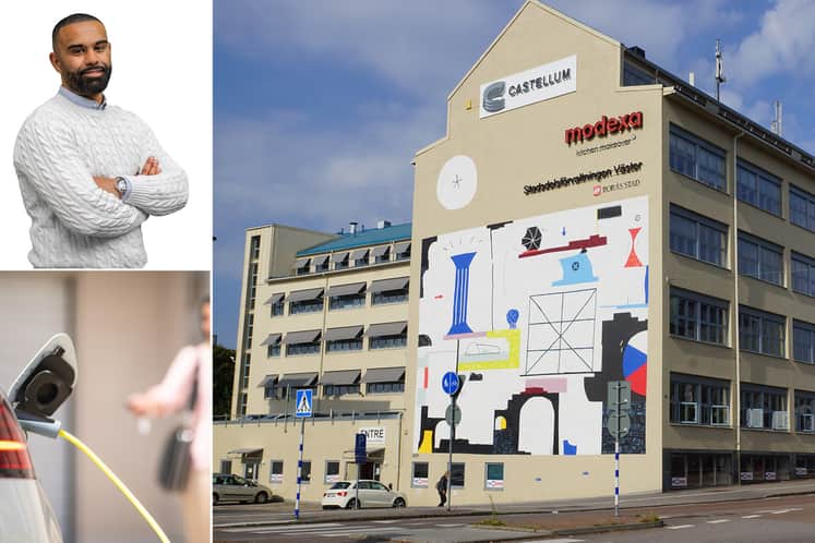 Kollage med fastigheten och laddpunkter.