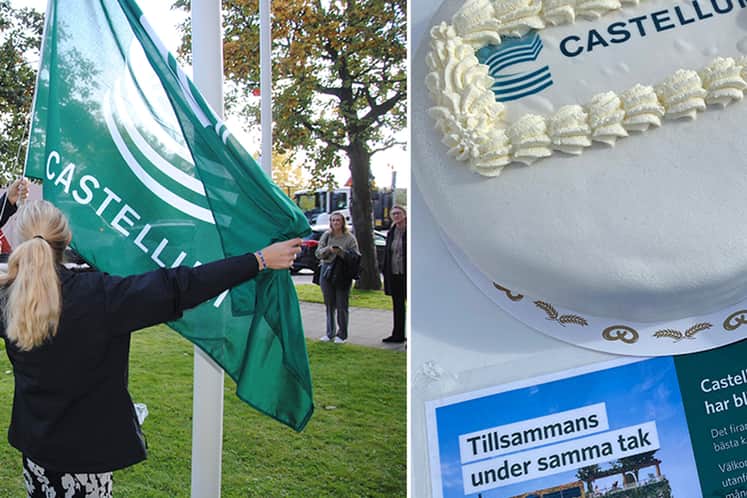 Tårta och person som hissar en Castellum-flagga.