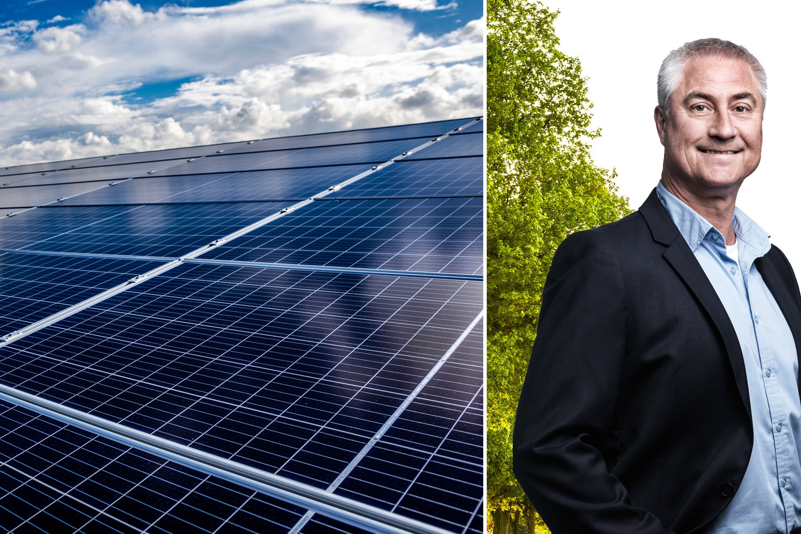 Bildkollage med solpaneler och Robert Varga.