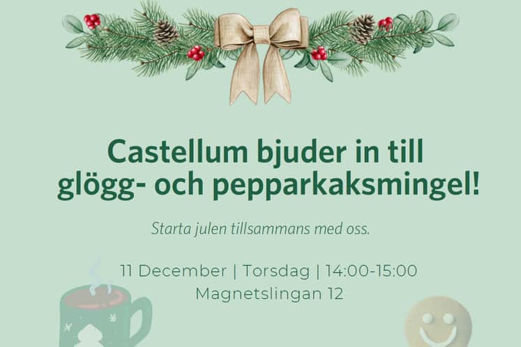 Inbjudan till glögg- och pepparkaksmingel på Finnslätten med tid, plats och datum