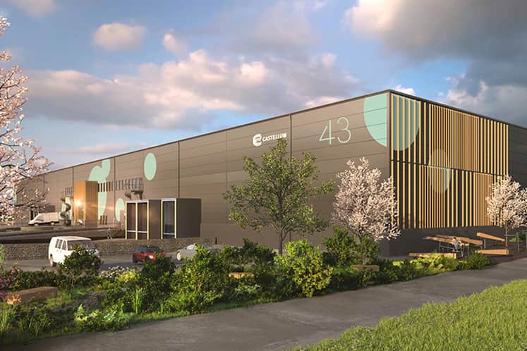 Visualisering av fastighet med trädetaljer.