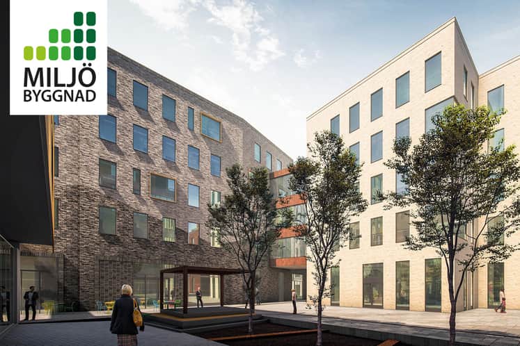 Visionsbild av fastigheten samt lopotypen för Miljöbyggnad.