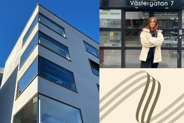 Vit fasad med hörnfönster och så Annie Börjesson som är uthyrningskoordinator på Castellum